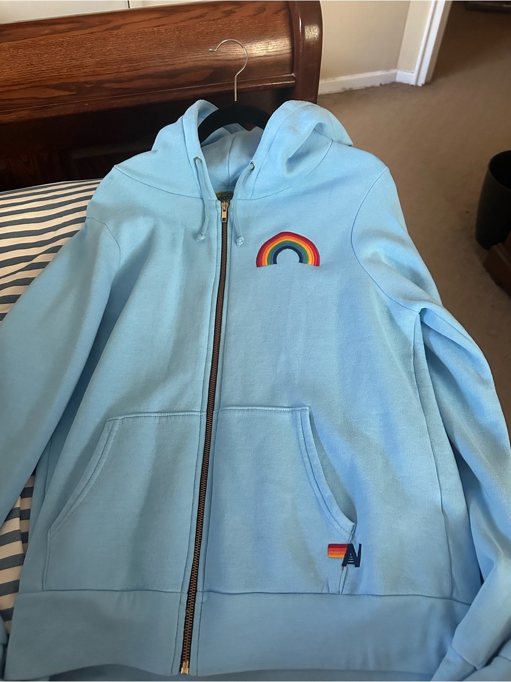 Aviator Nation Light Blue Zip Hoodie with Rainbow Embroidery - Size L